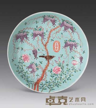 清光绪 粉彩花鸟盘 直径24cm